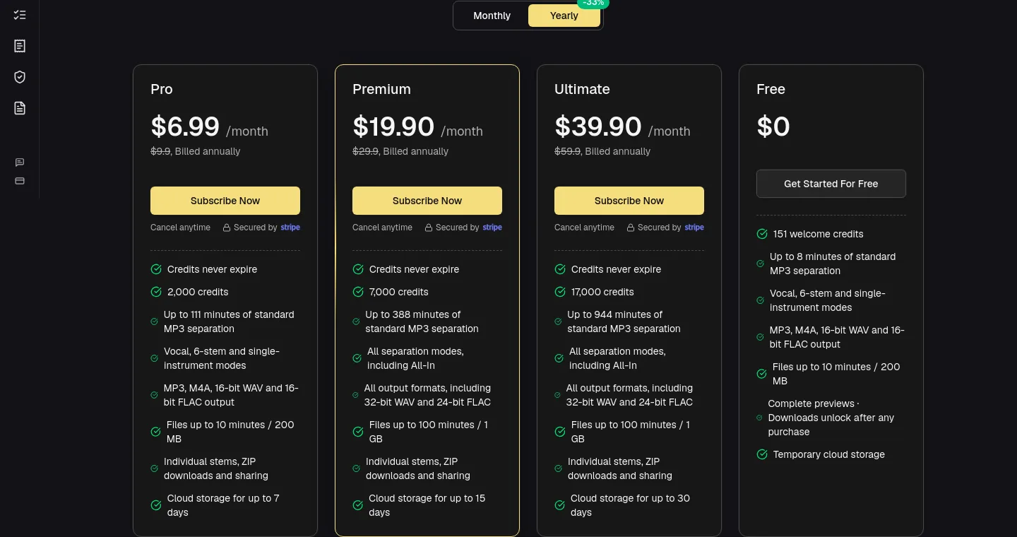 tunestems.com Pricing section
