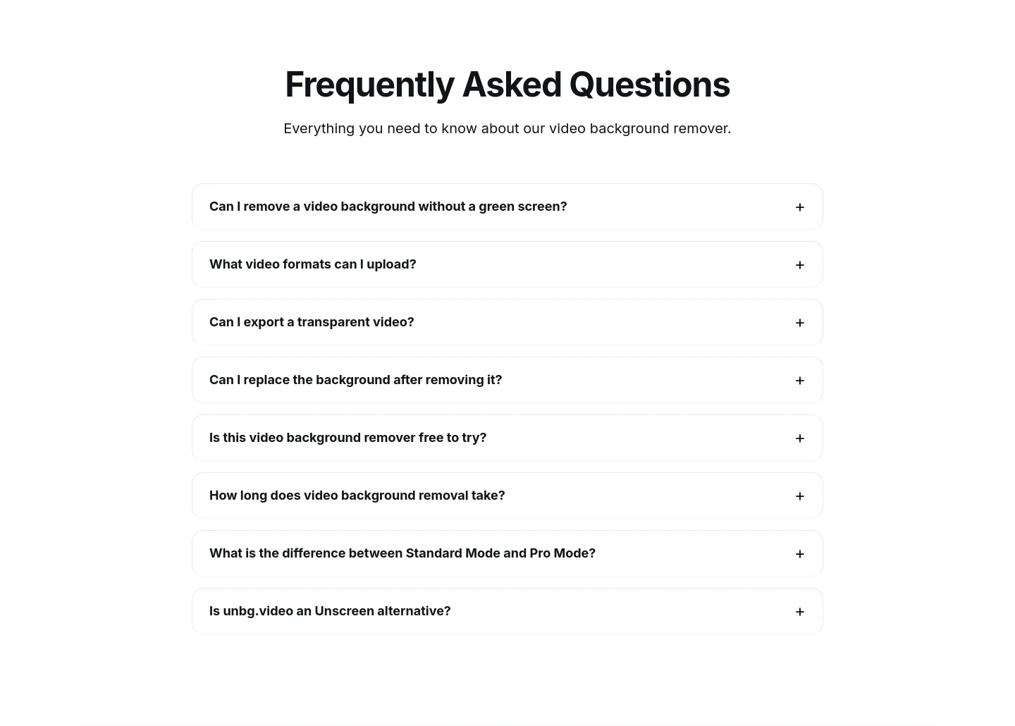 unbg.video — a real FAQ section