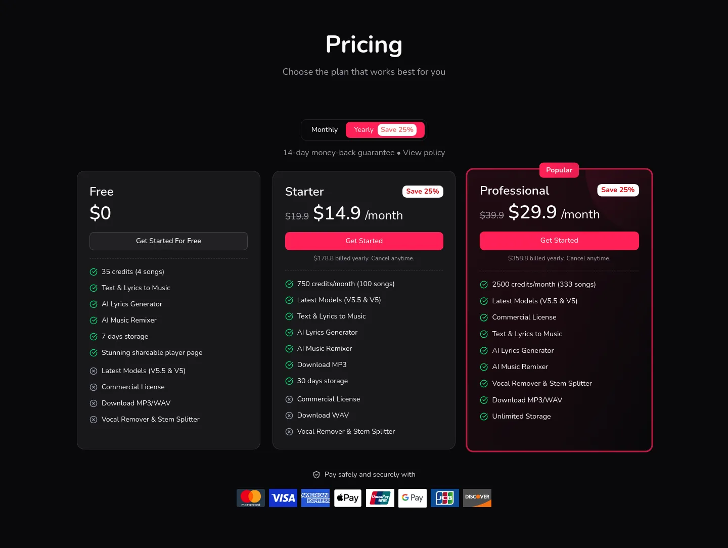 unimusic.ai — a real Pricing section
