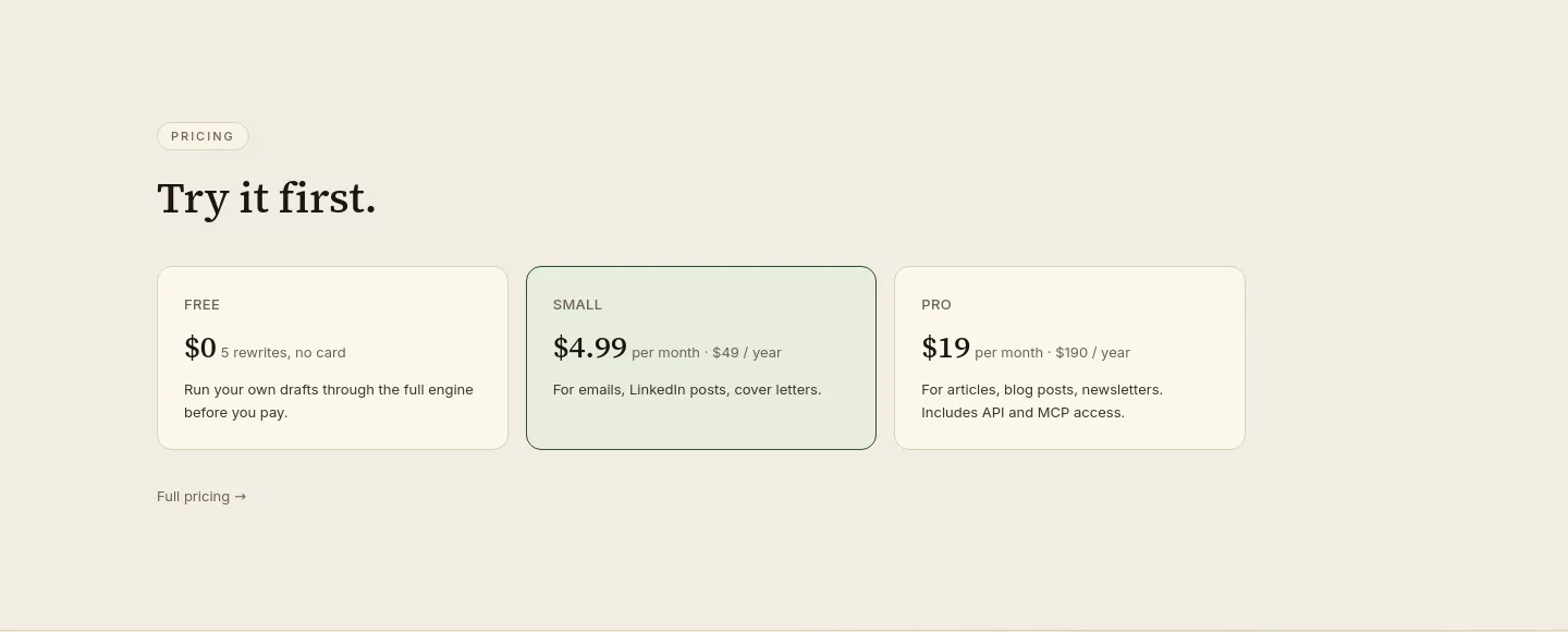 unslopai.com — a real Pricing section