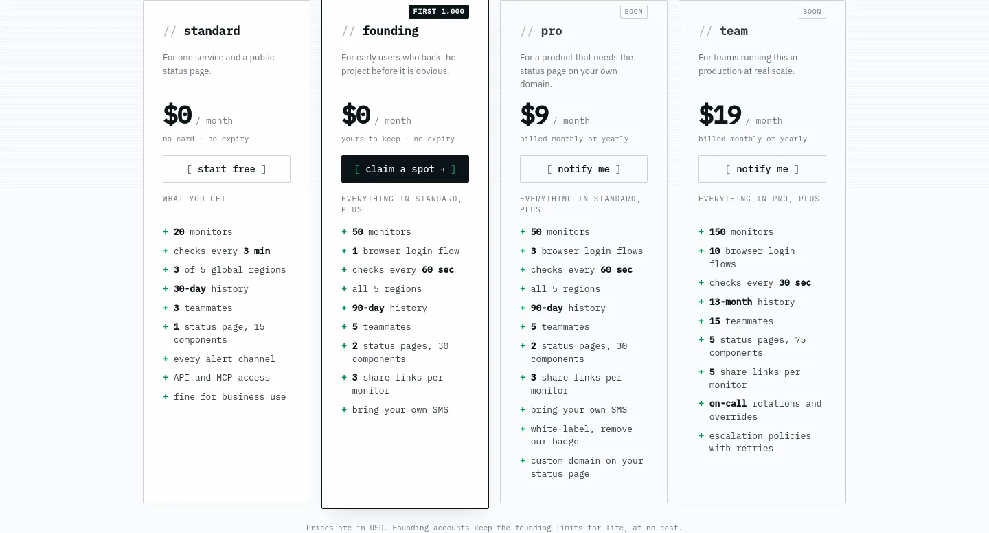 uptimepage.dev — a real Pricing section