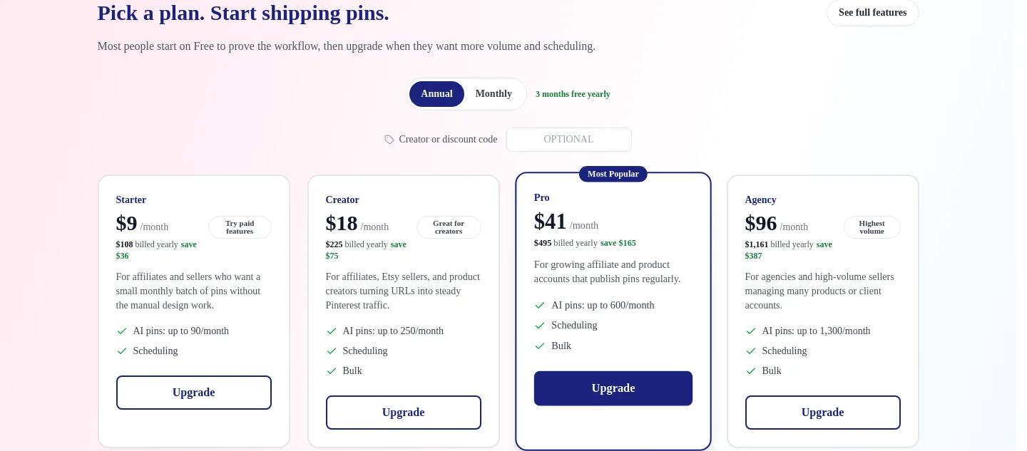 url2pin.com Pricing section