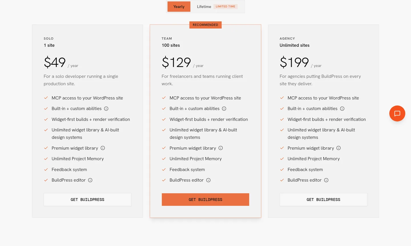 usebuildpress.com Pricing section