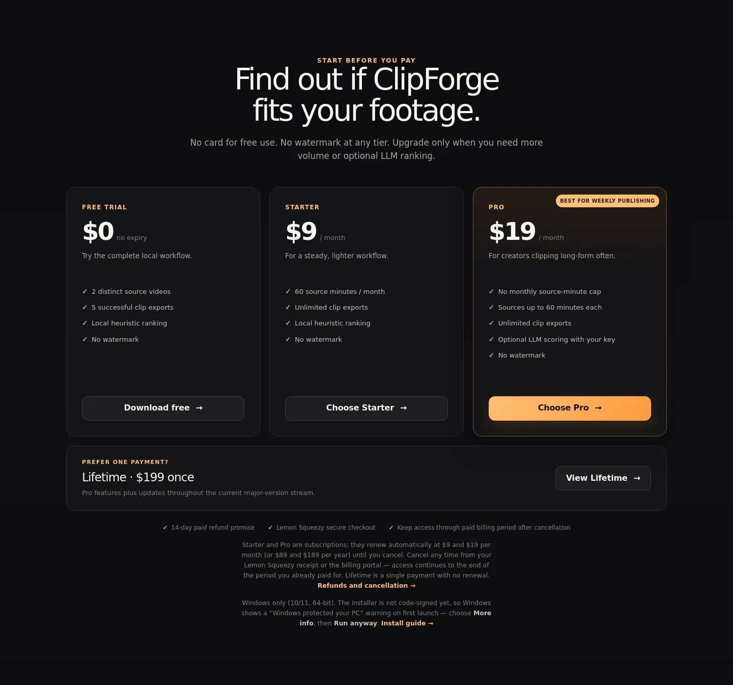 useclipforge.app — a real Pricing section