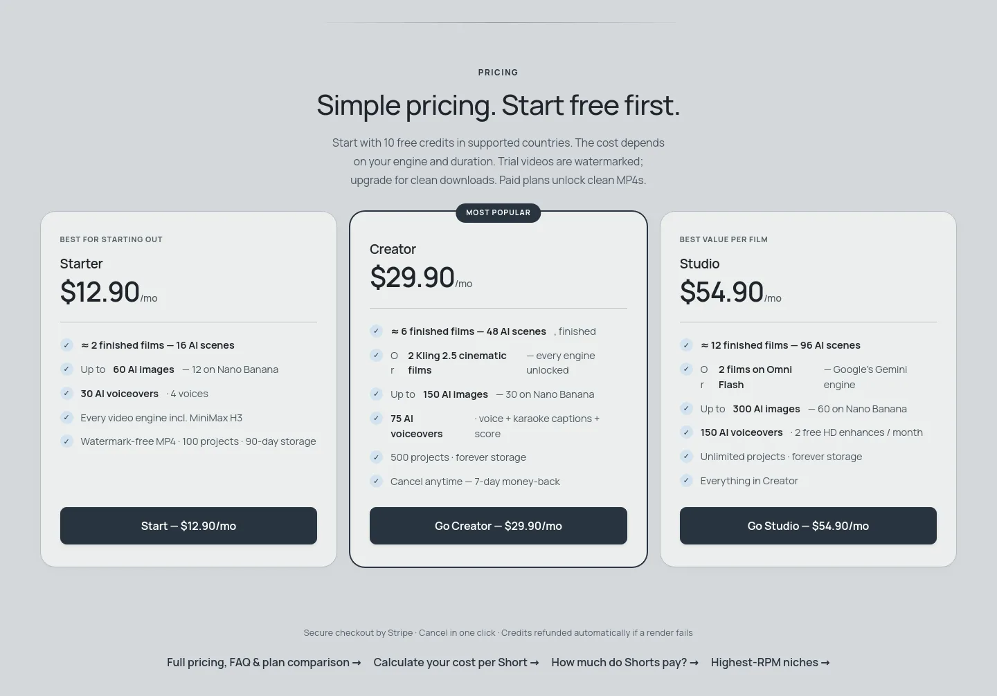 usekineo.com Pricing section