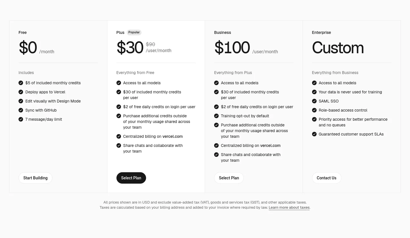 v0.app Pricing section