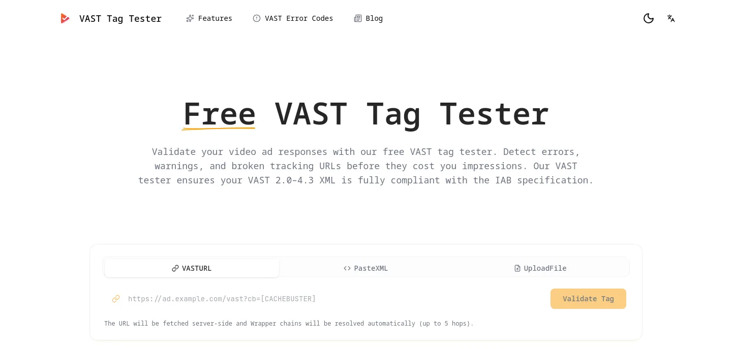 vast-tag-tester.online — a real Hero section