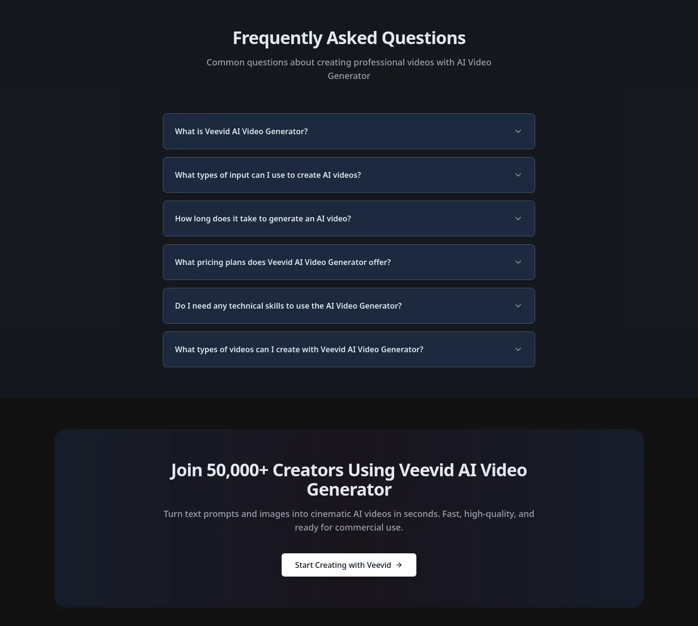 veevid.ai FAQ section