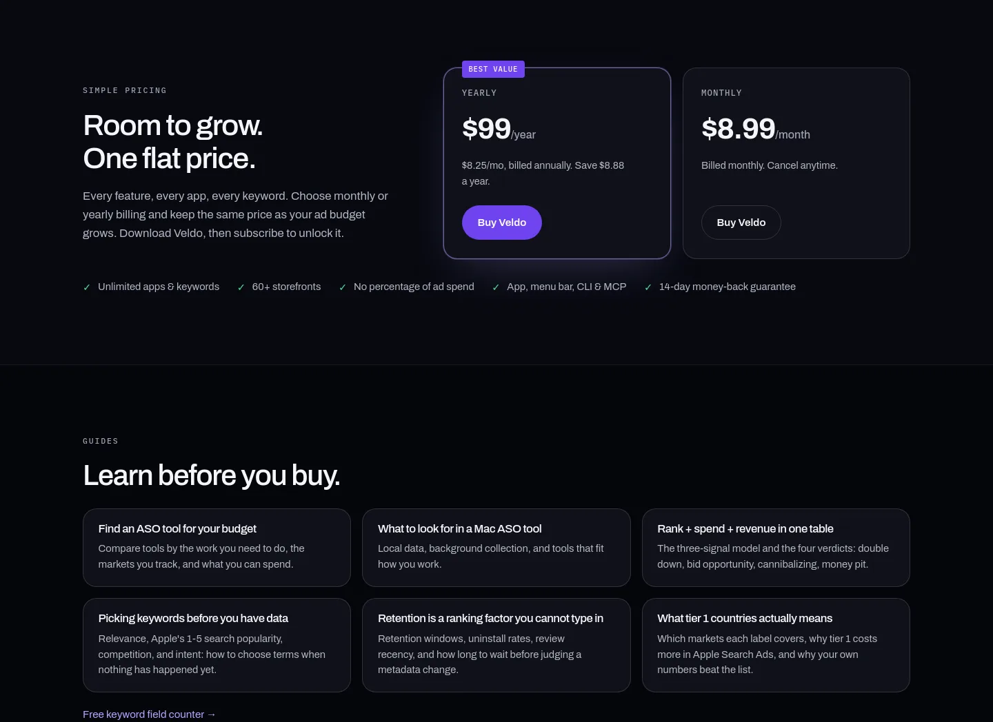 veldo.app — a real Pricing section