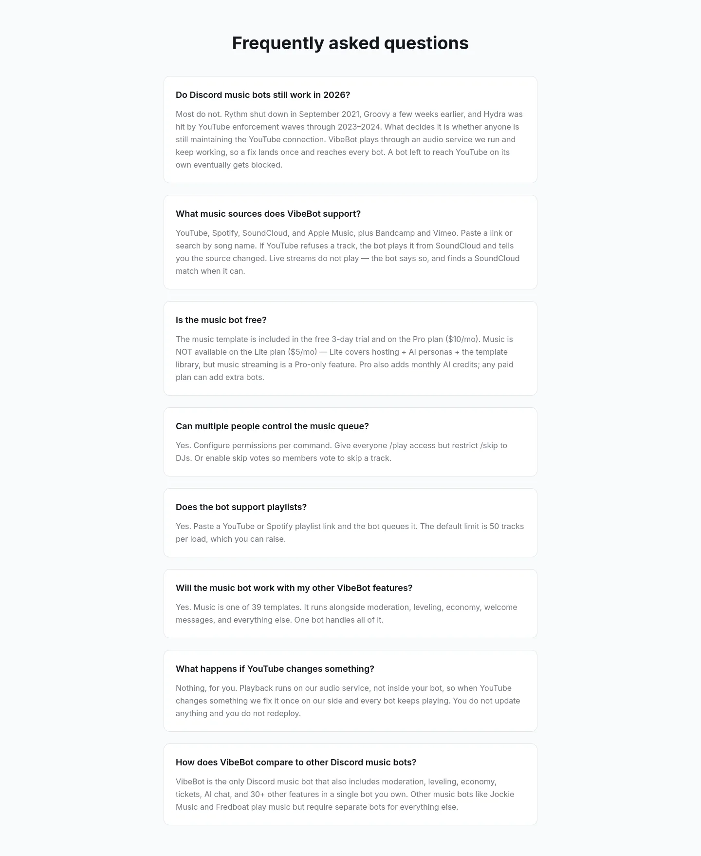 vibebot.gg FAQ section