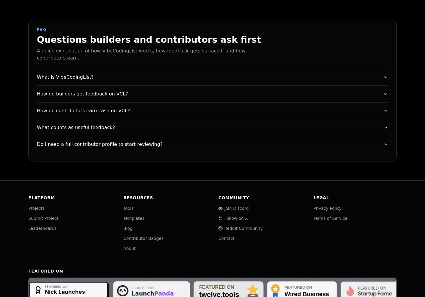 vibecodinglist.com FAQ section