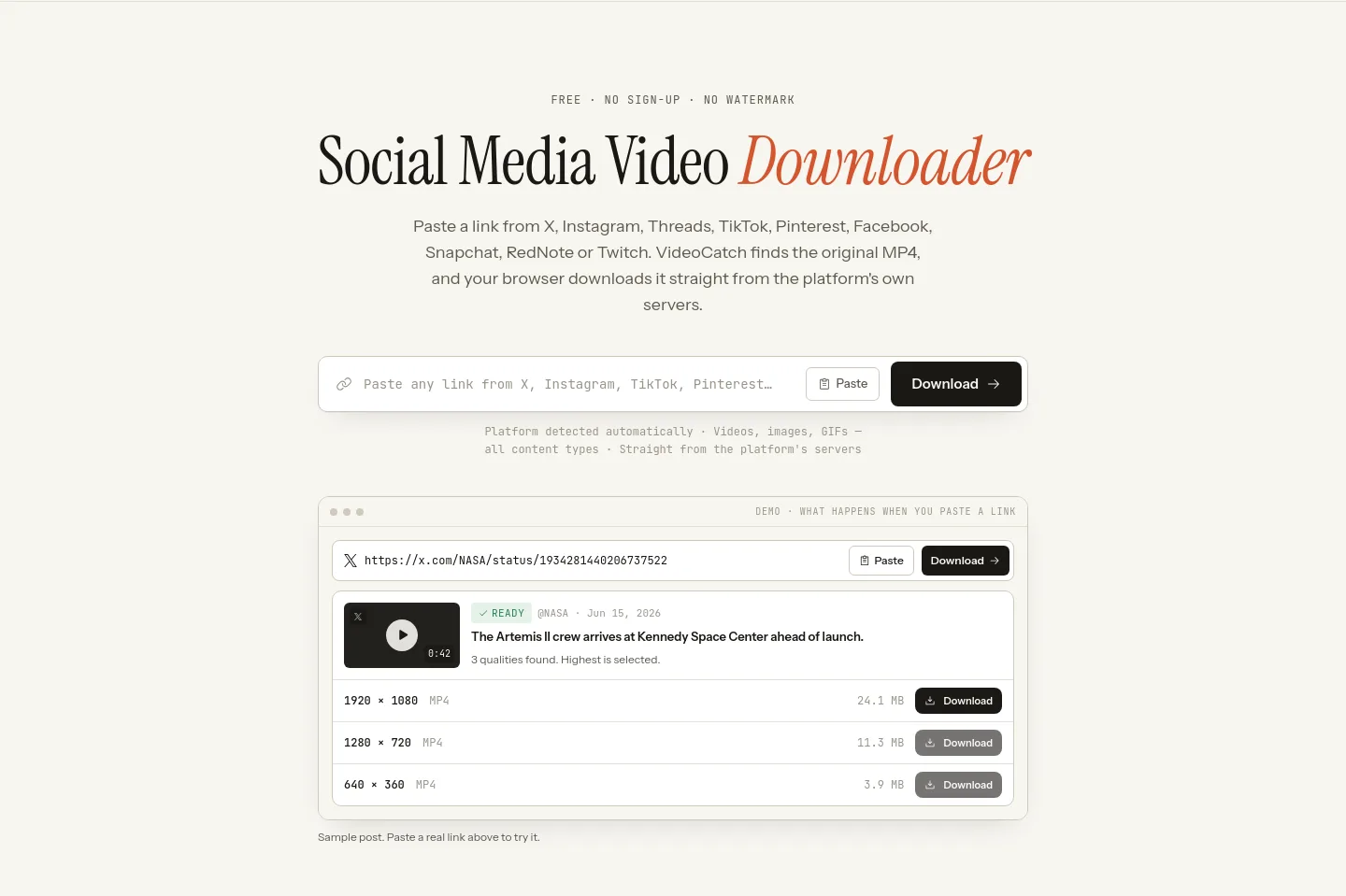 videocatch.org — a real Hero section