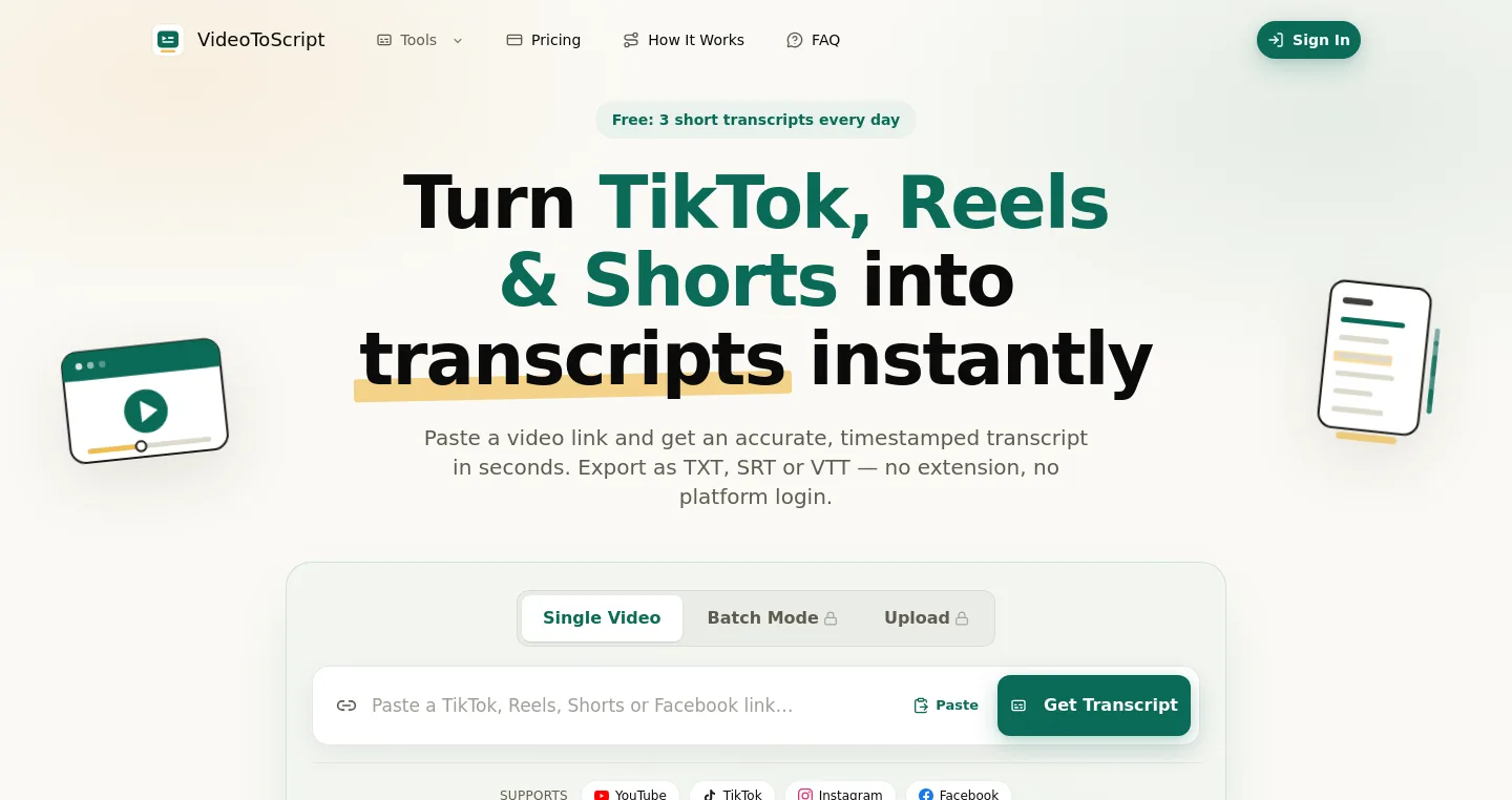 videotoscript.app — a measured funnel