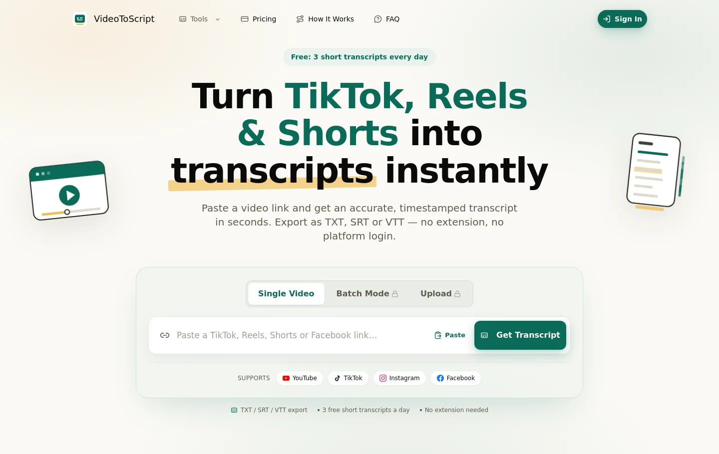 videotoscript.app — a real Hero section