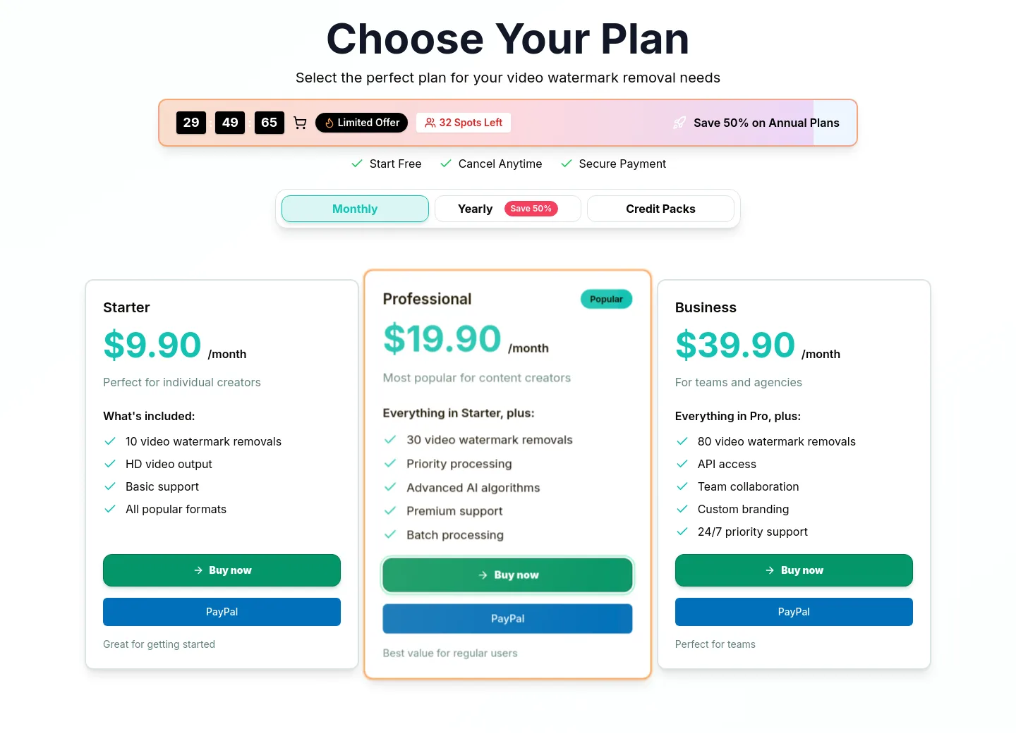 videowatermarkremover.org Pricing section