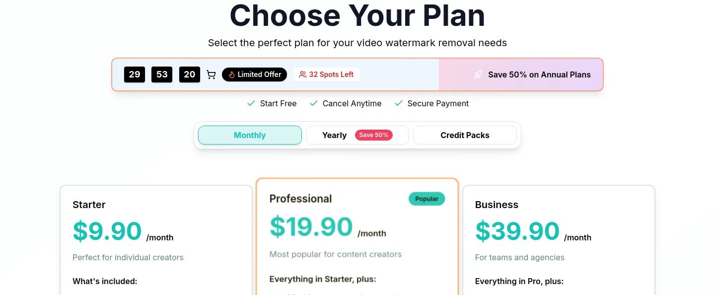 videowatermarkremover.org Pricing section