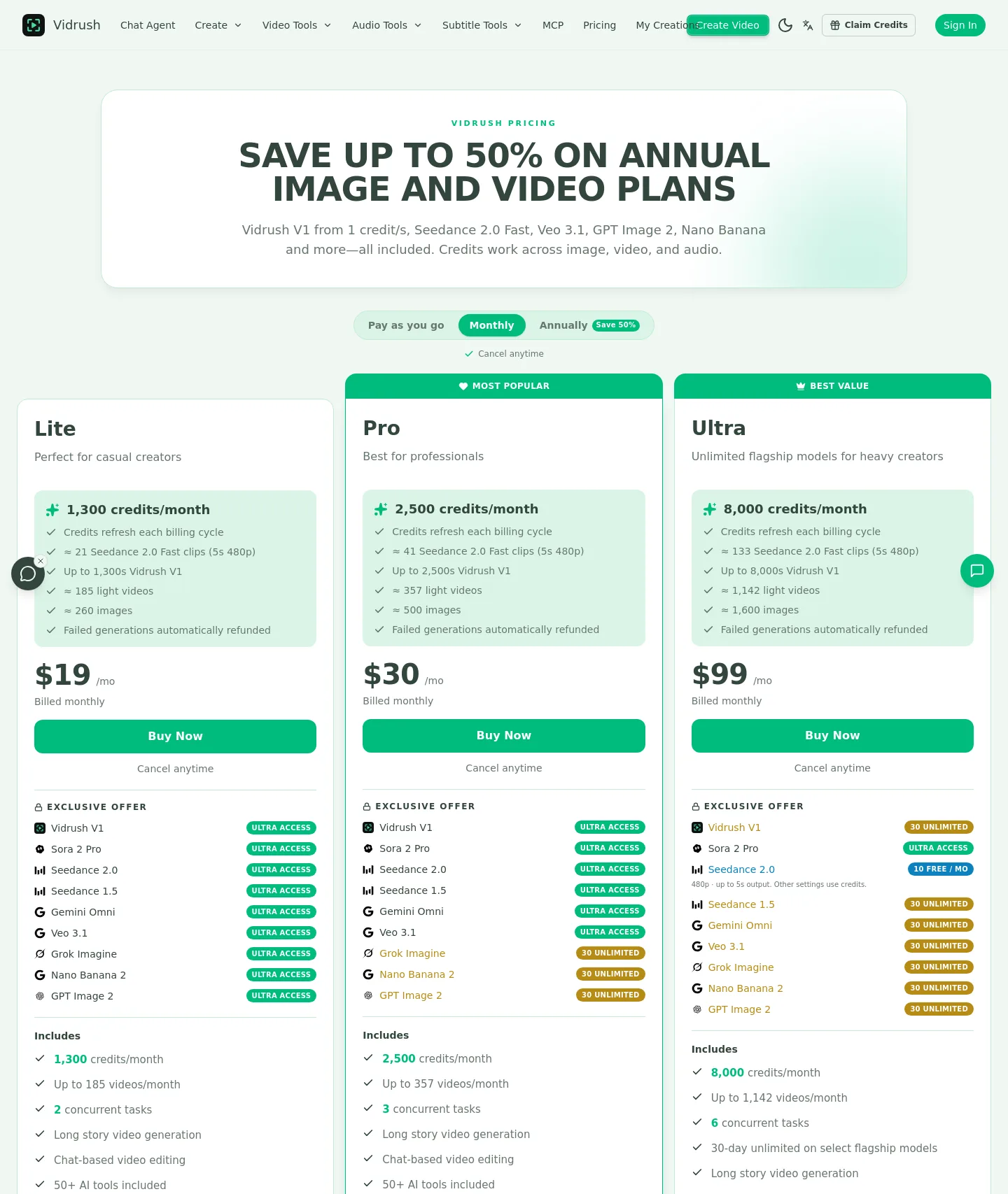 vidrush-ai.com Hero section