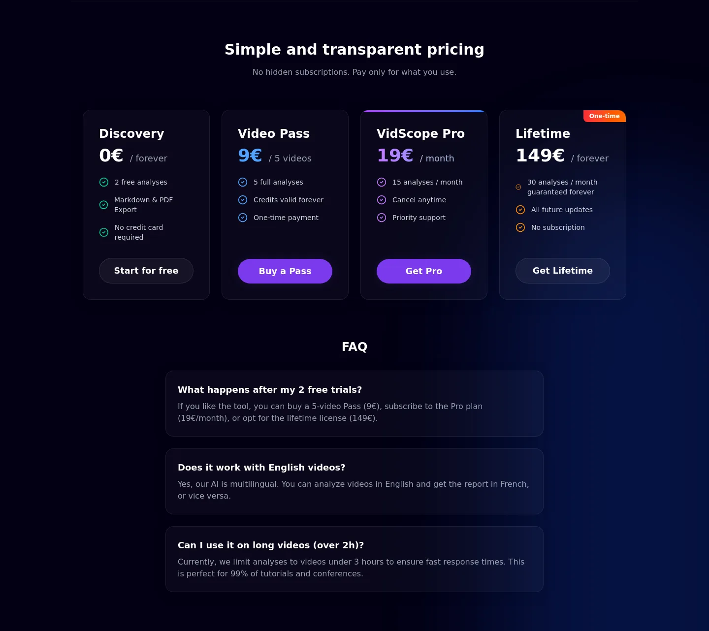 vidscope.fr — a real FAQ section