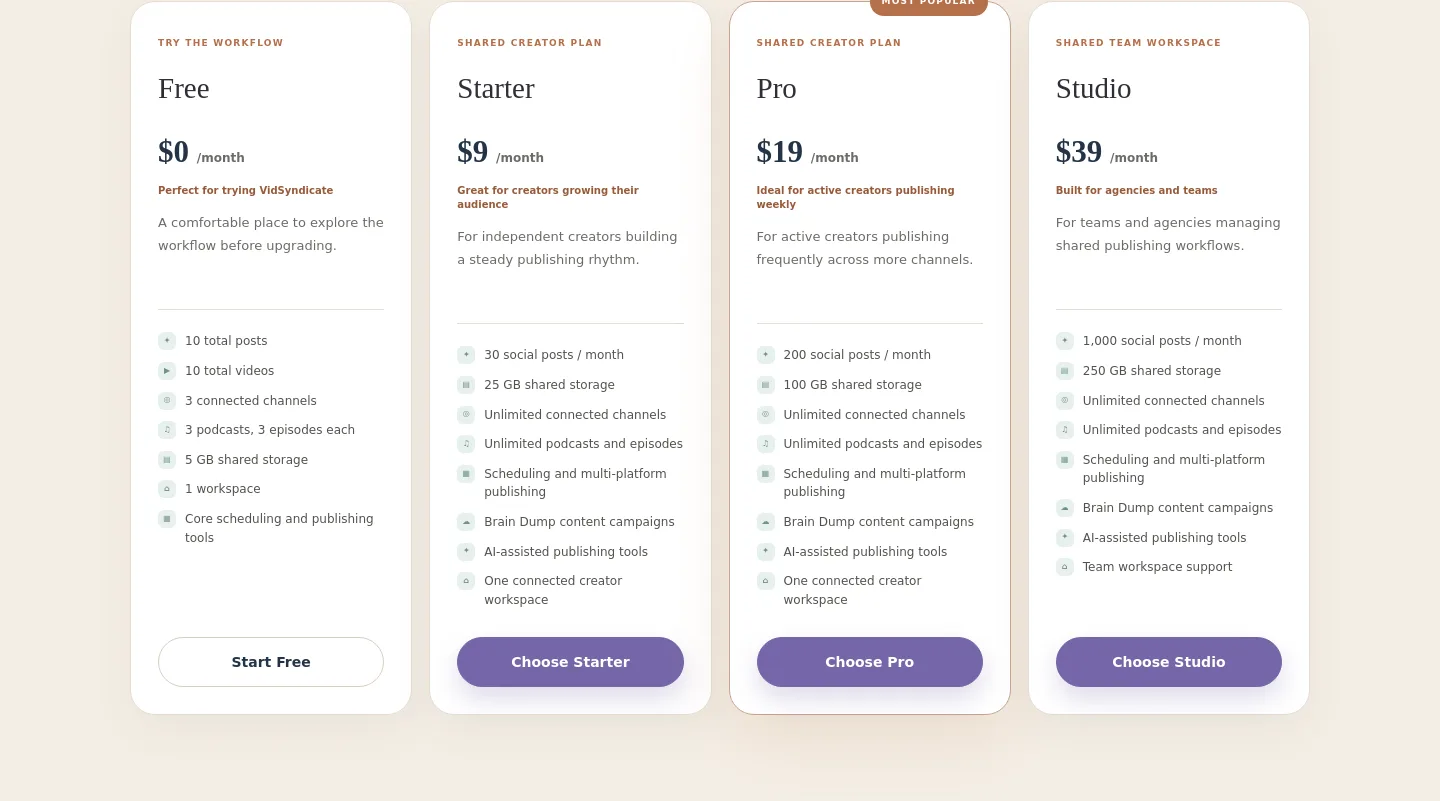 vidsyndicate.com Pricing section