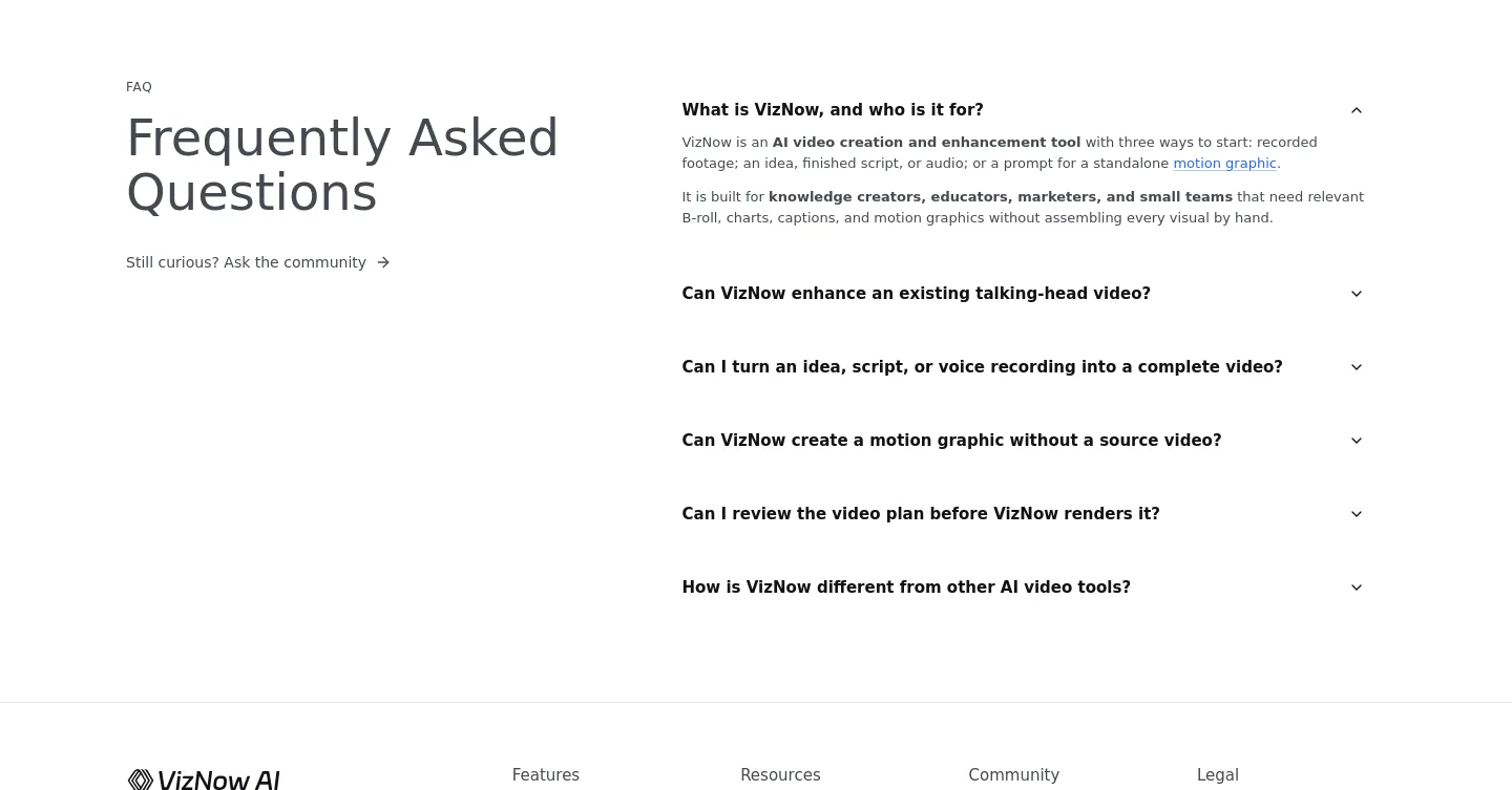 viznow.ai — a real FAQ section