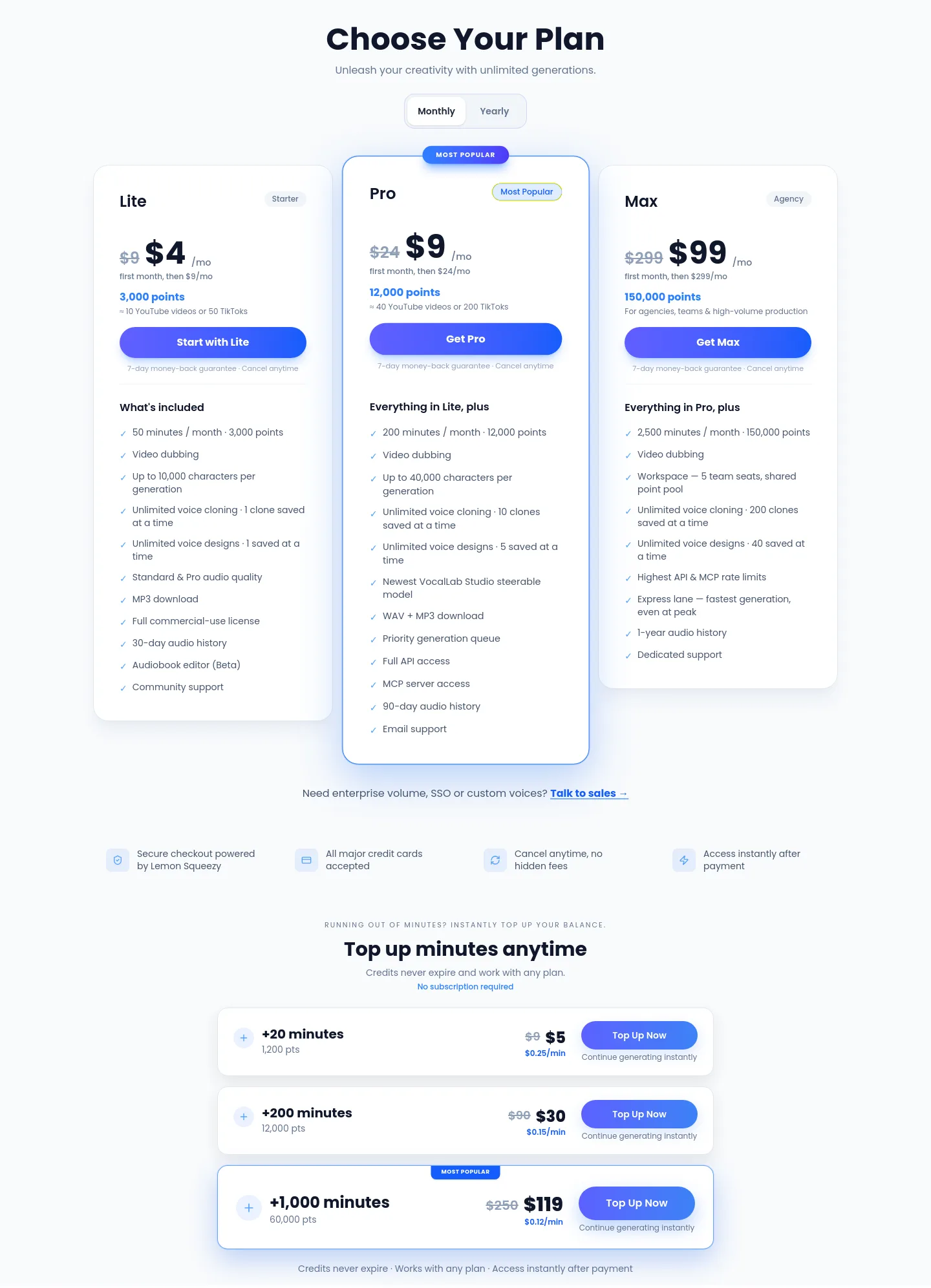 vocallab.ai Pricing section