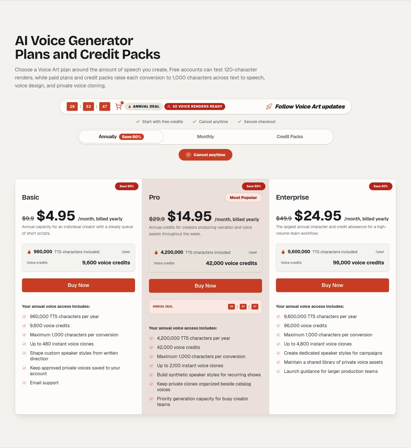 voiceart.app Pricing section