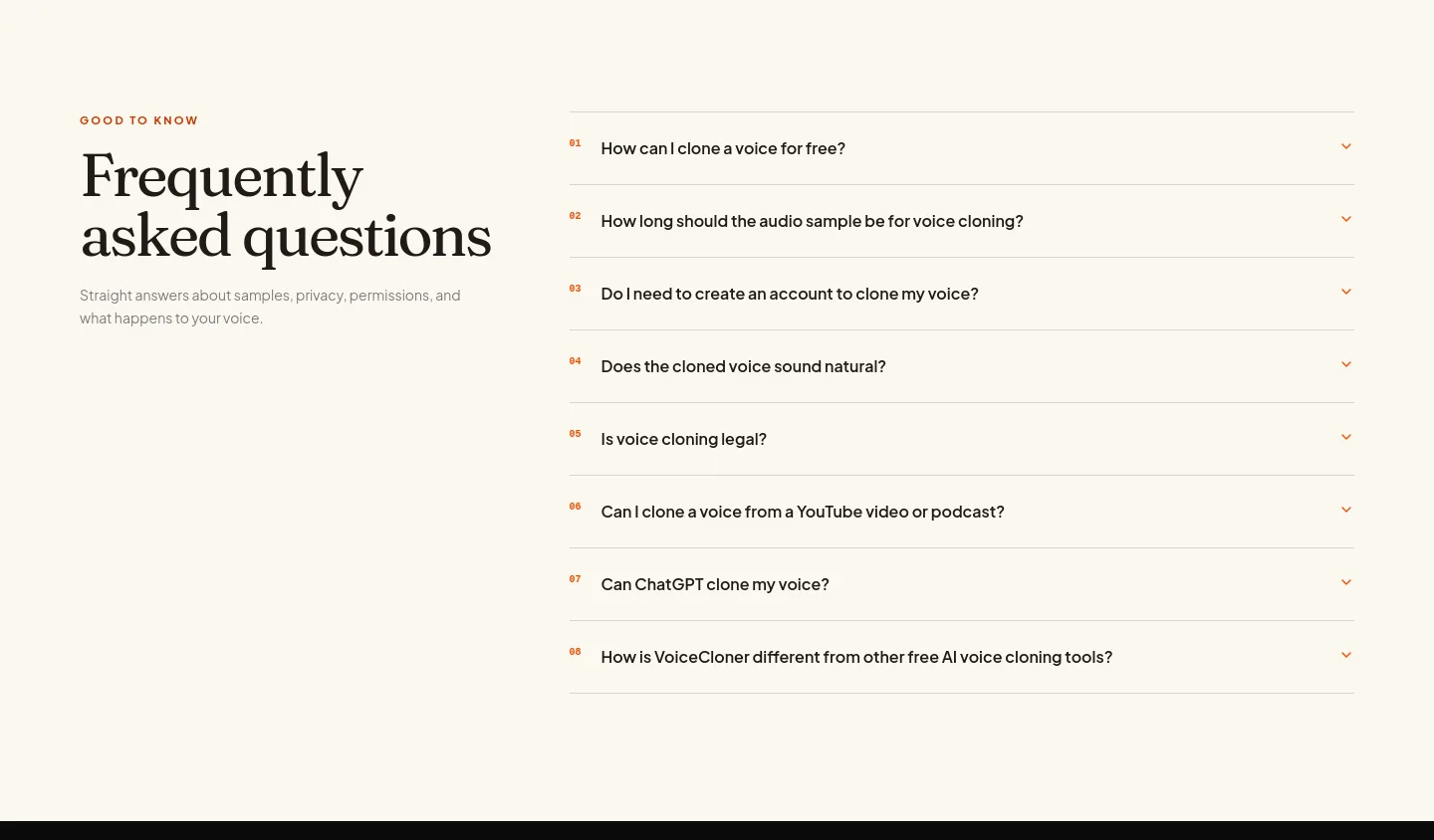 voicecloner.org — a real FAQ section