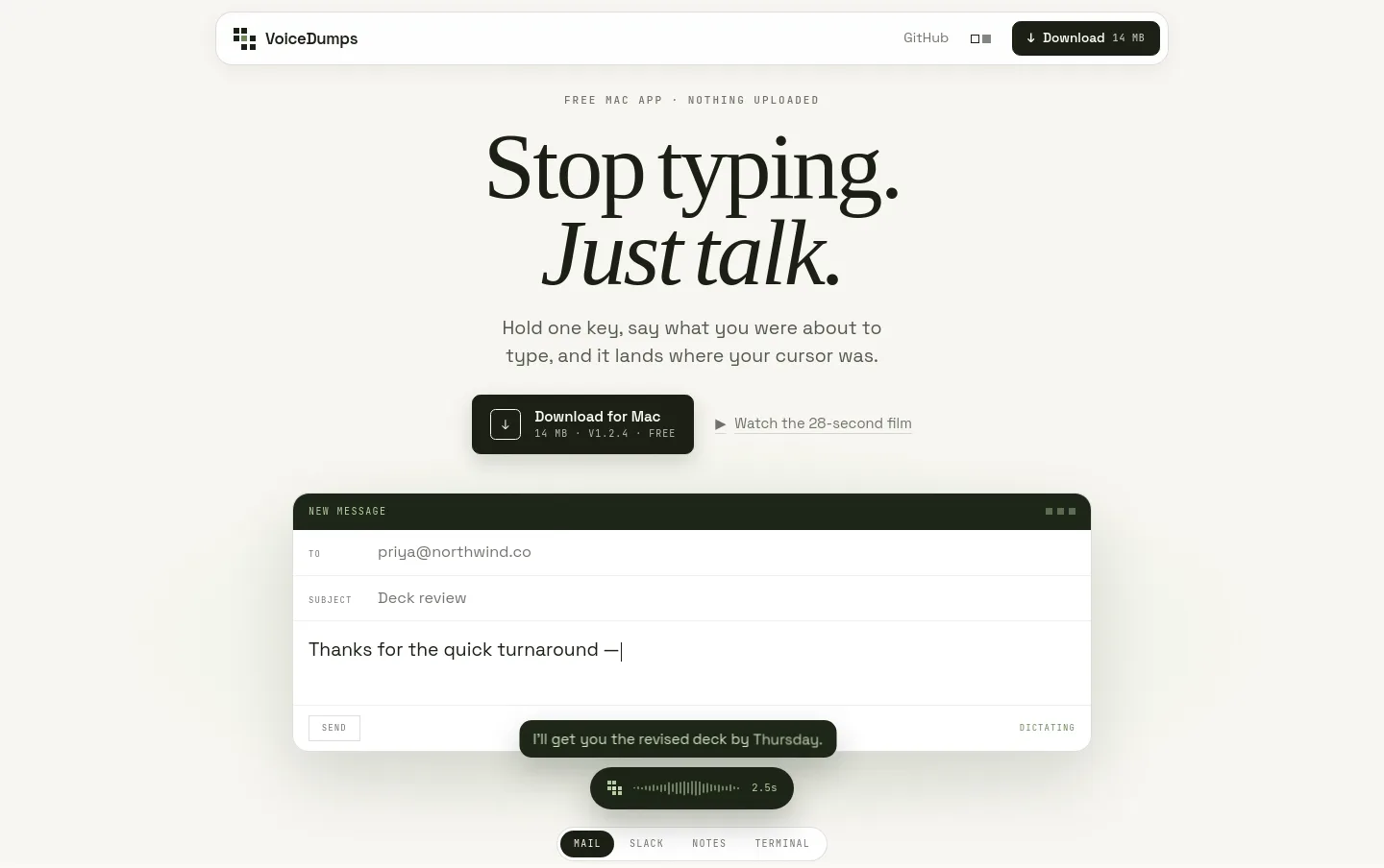 voicedumps.qwee.ai — a measured funnel