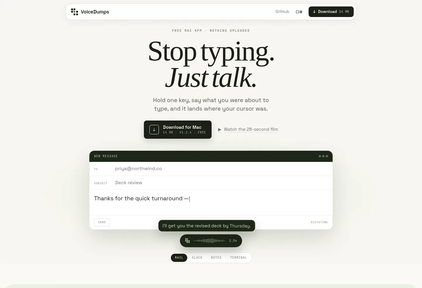 voicedumps.qwee.ai — a real Hero section