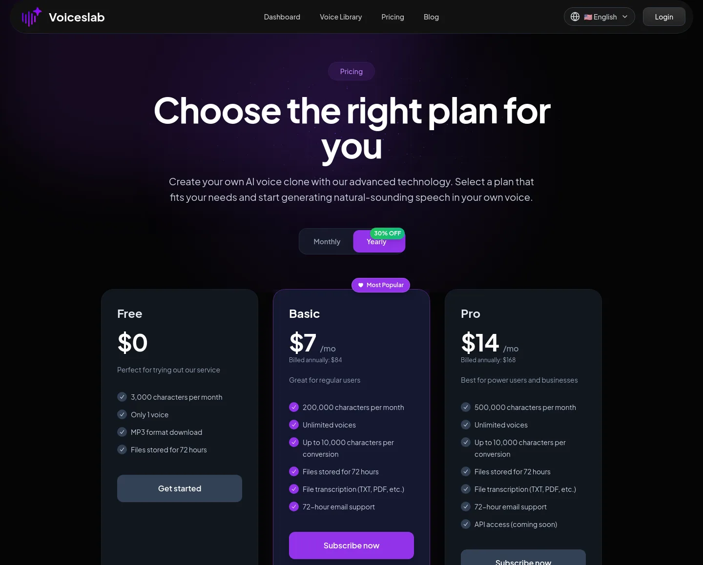 voiceslab.io Pricing section