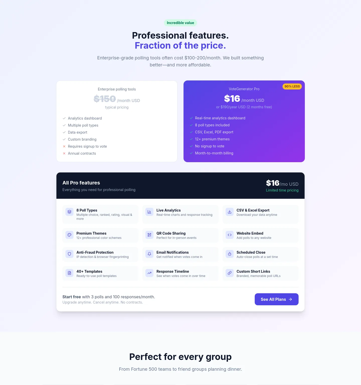 votegenerator.com Pricing section