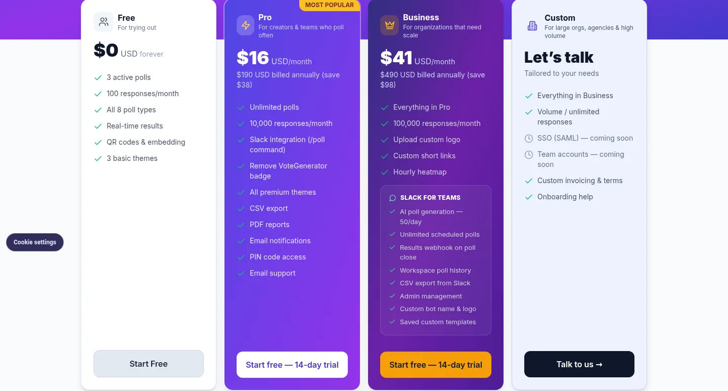 votegenerator.com — a real Pricing section