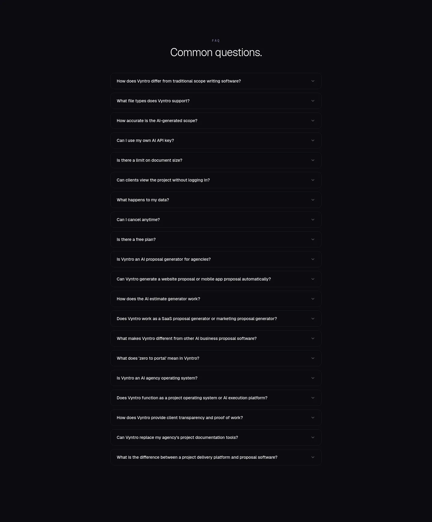 vyntro.cloud — a real FAQ section