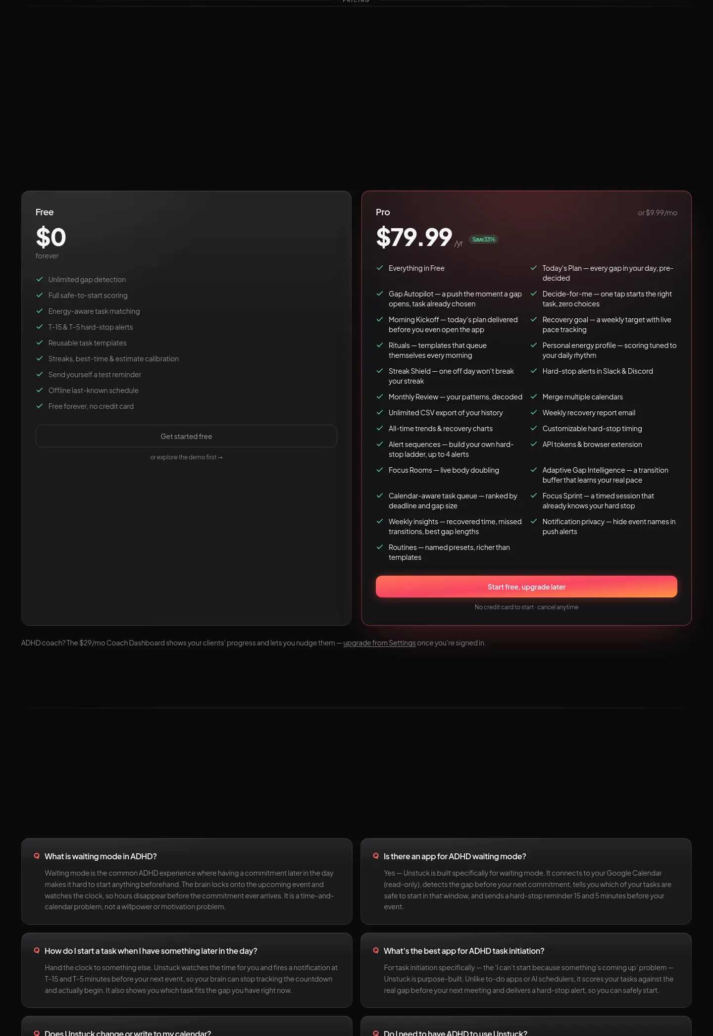 waitingmode.app Pricing section