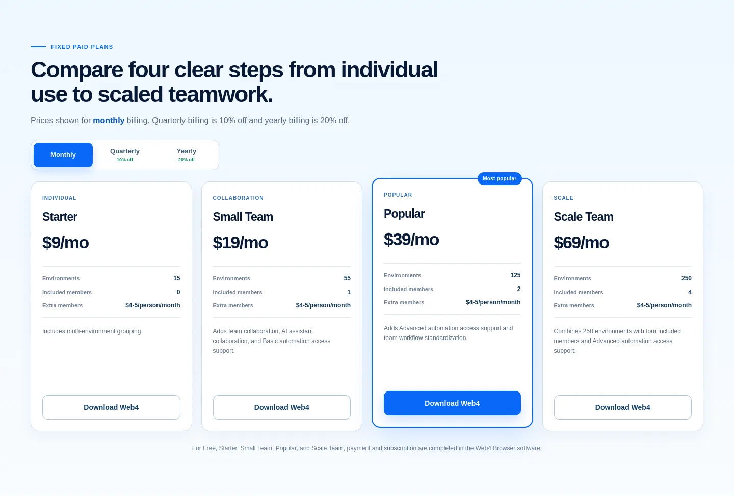 web4browser.io Pricing section