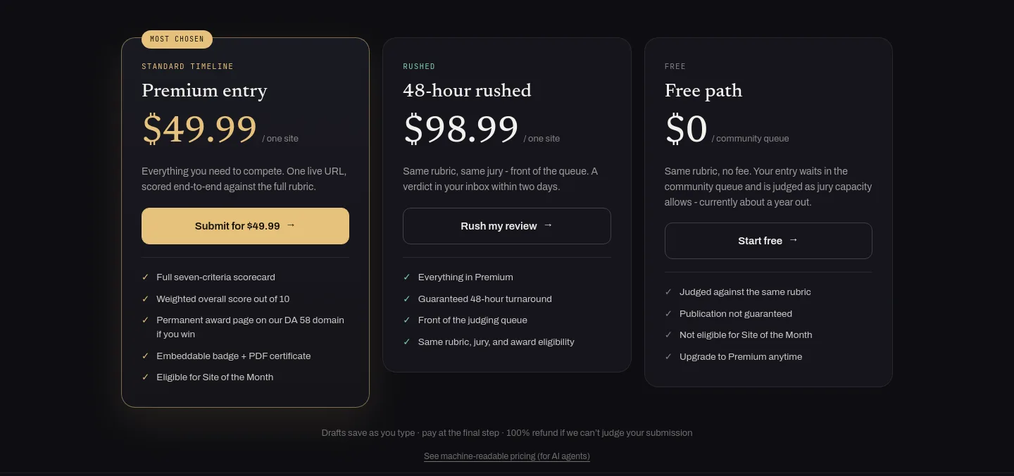 webdesignawards.io Pricing section