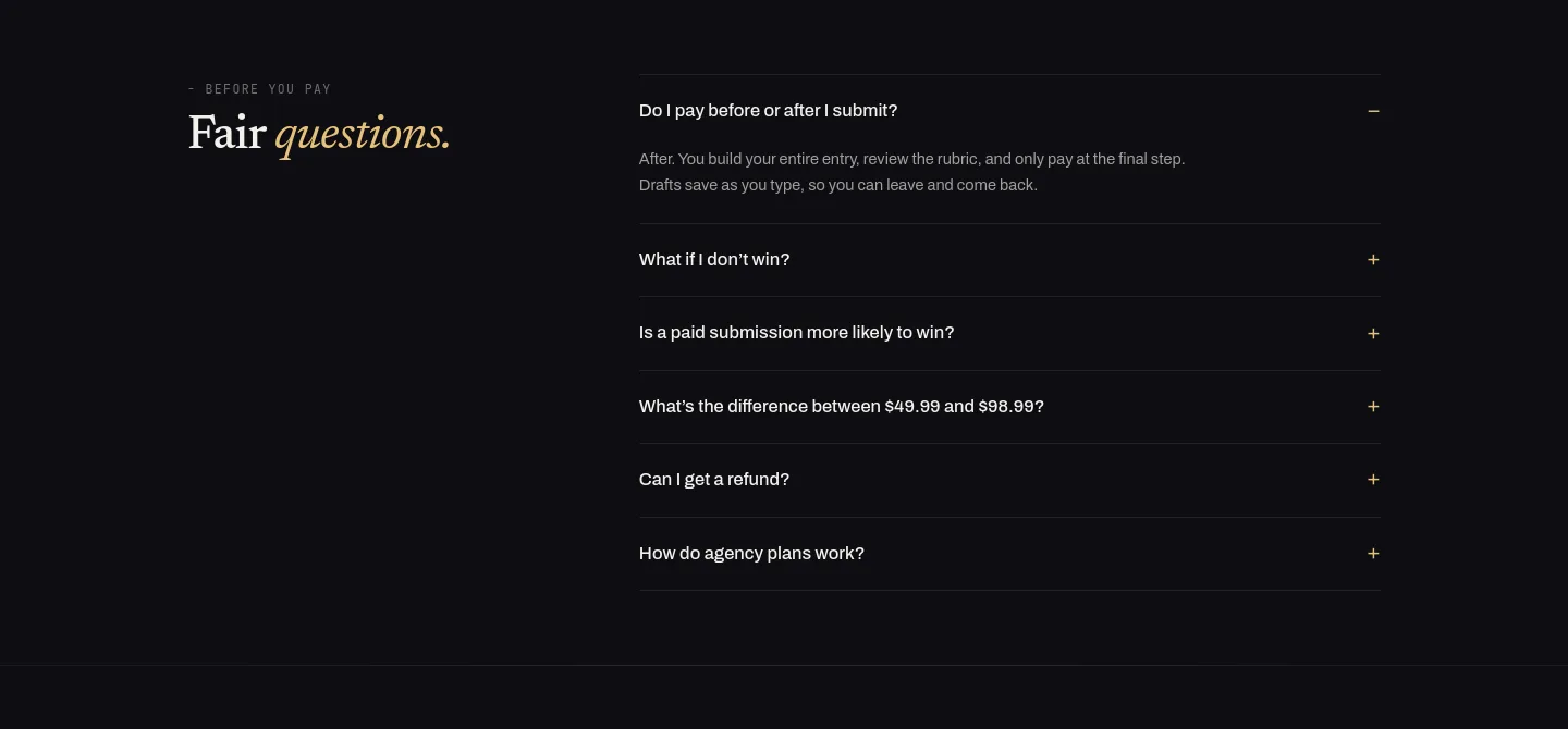 webdesignawards.io FAQ section