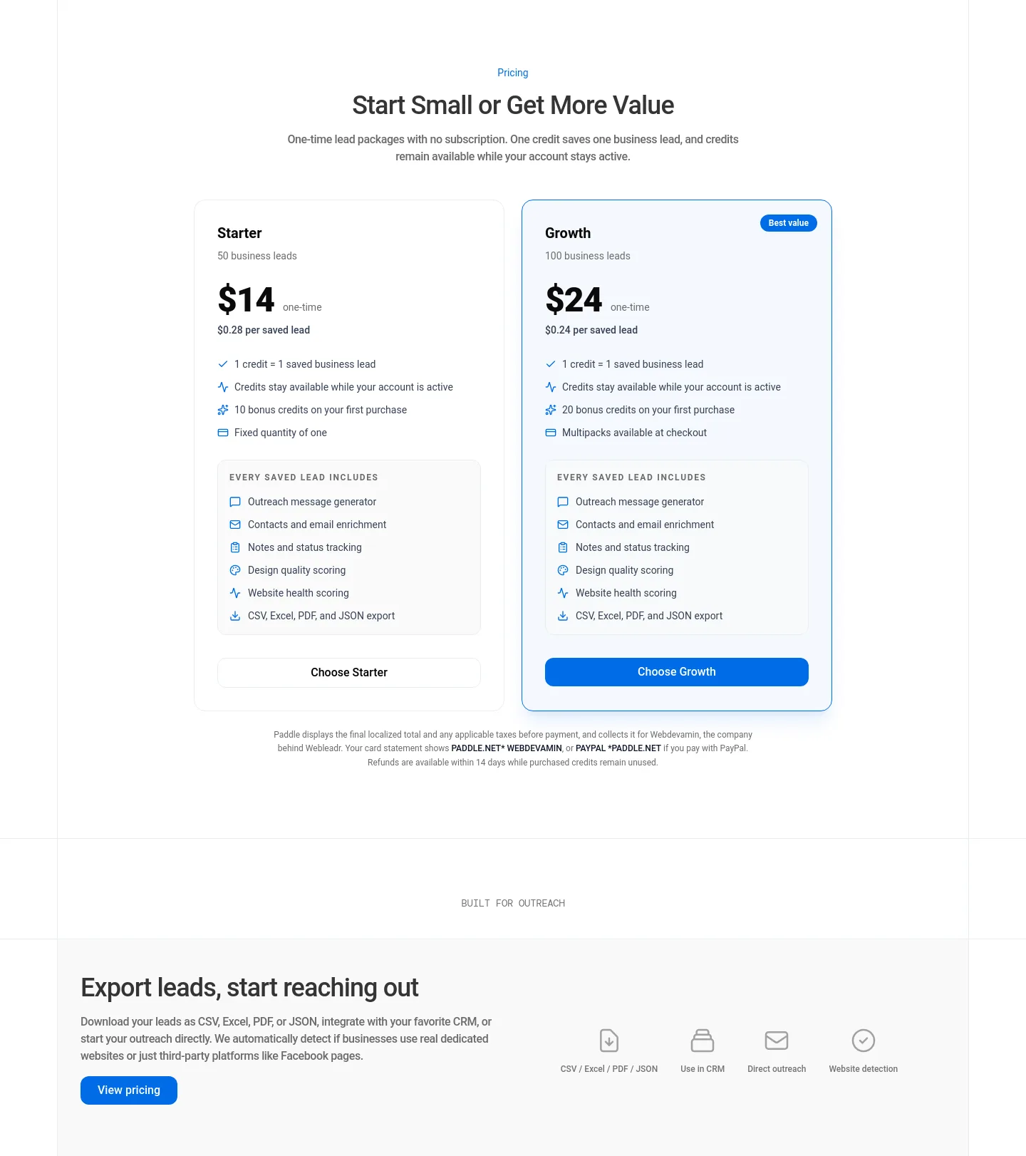 webleadr.com Pricing section