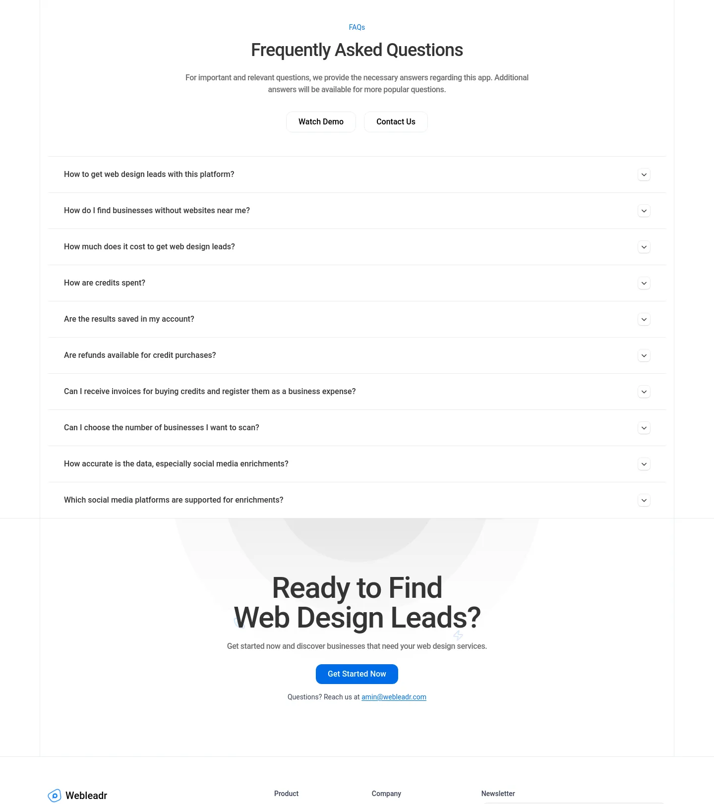 webleadr.com — a real FAQ section