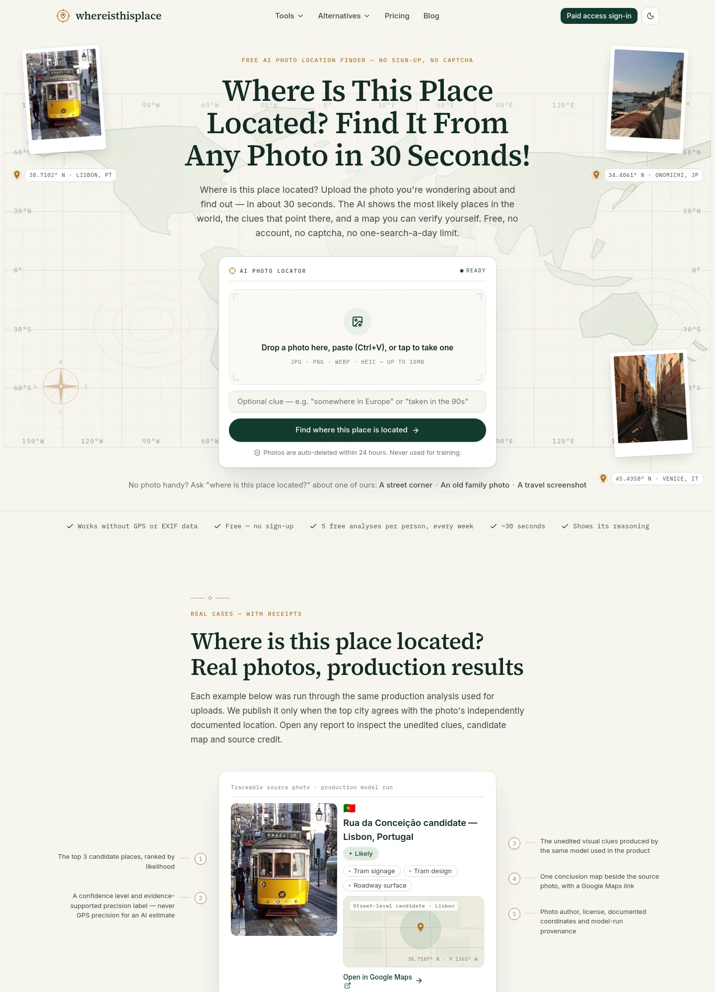 whereisthisplace.online — a real Hero section