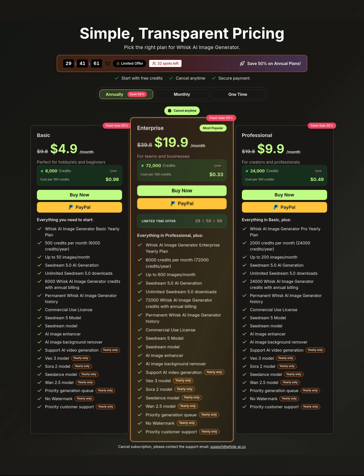 whisk-ai.co Pricing section