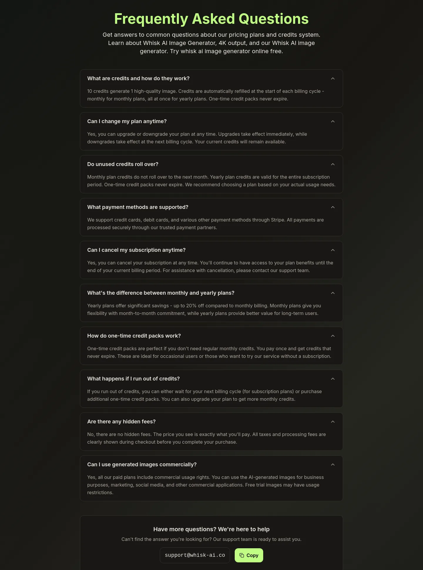 whisk-ai.co FAQ section
