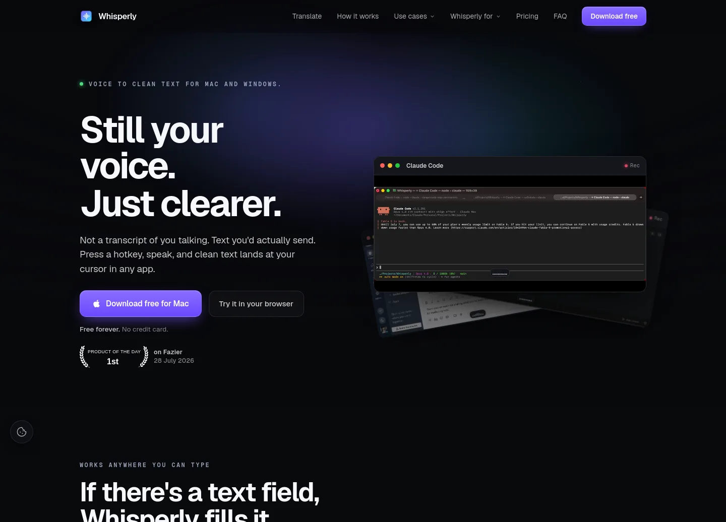 whisperly.io — a real Hero section