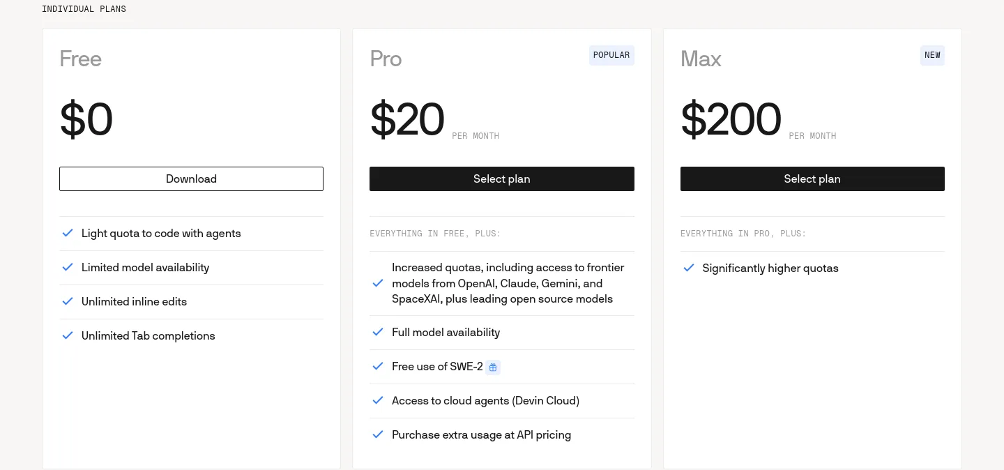 windsurf.com Pricing section