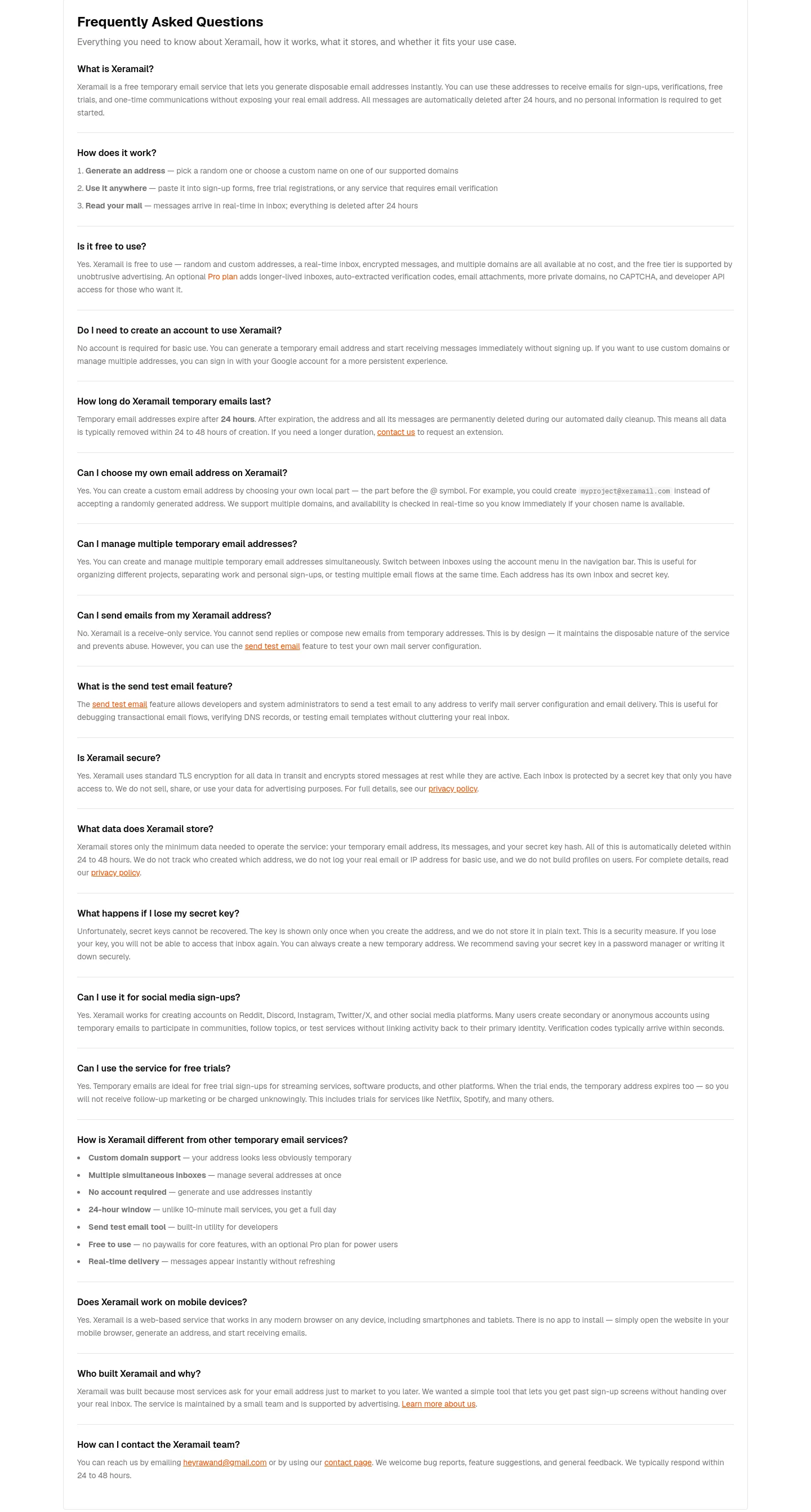 xeramail.com — a real FAQ section