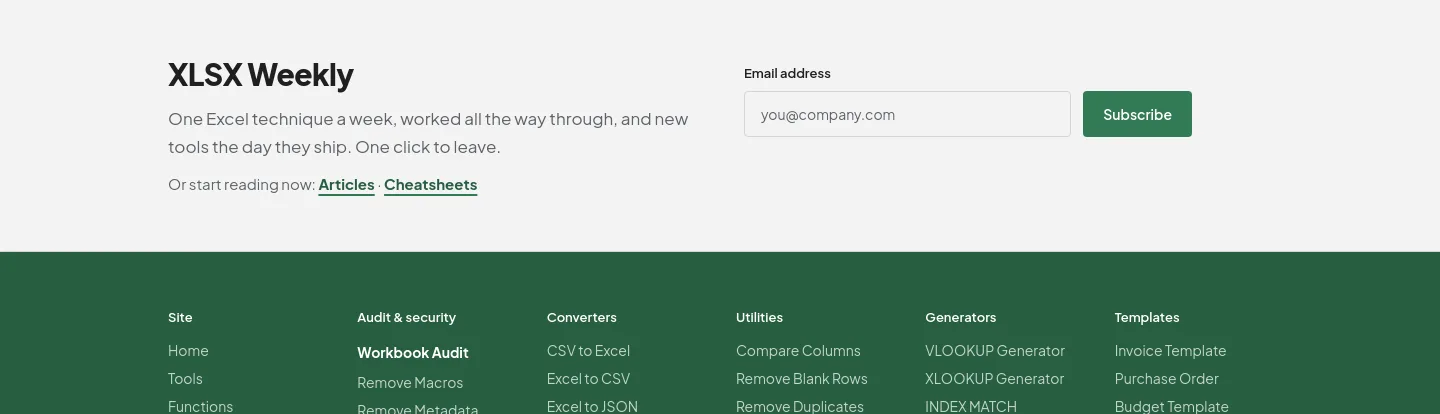 xlsx.com Email Capture section