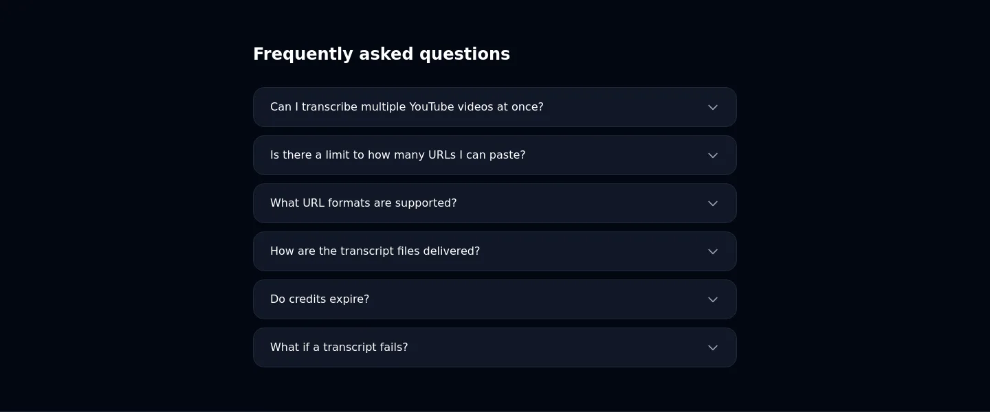 ytbulktranscript.app — a real FAQ section