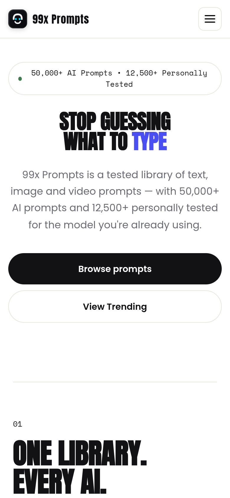 99xprompts.com mobile capture of the first page