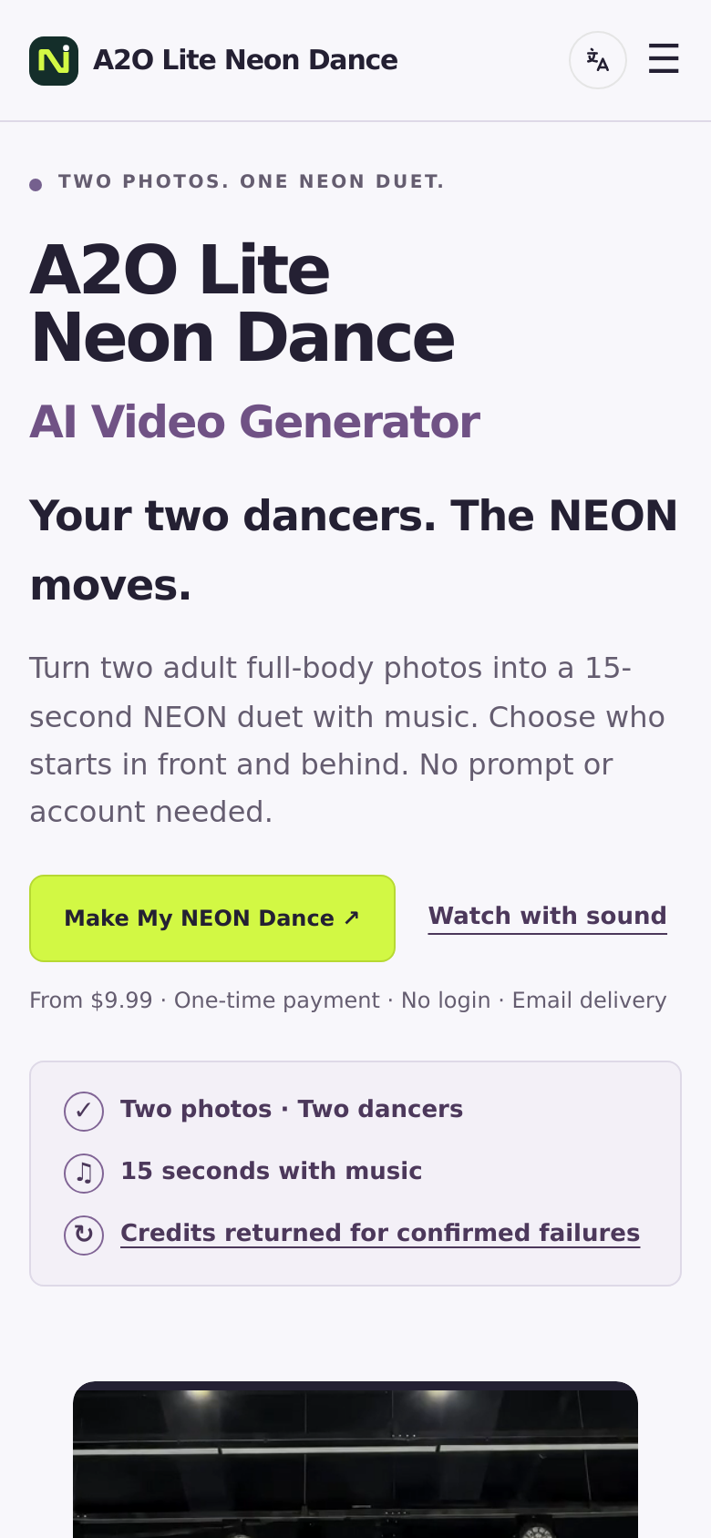 a2oliteneondance.com mobile capture of the first page