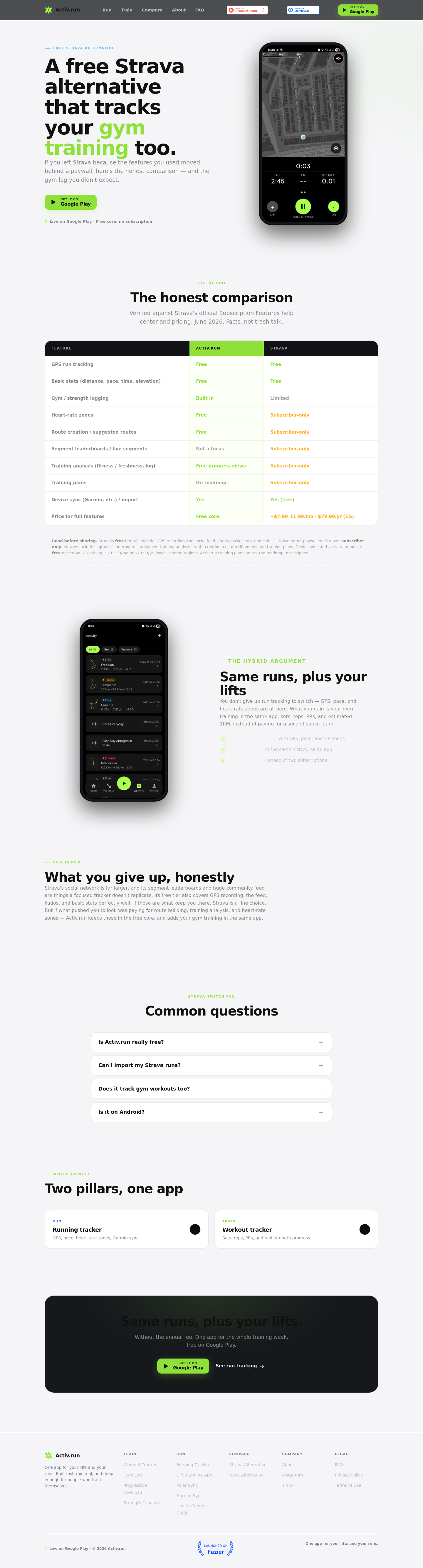 activ.run — Hero + Comparison + FAQ